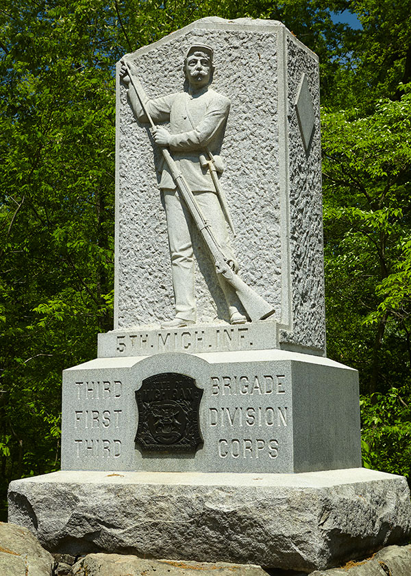 Monument dedicated to the 5th Michigan at Gettysburg. Image ©2015 Look Around You Ventures, LLC.